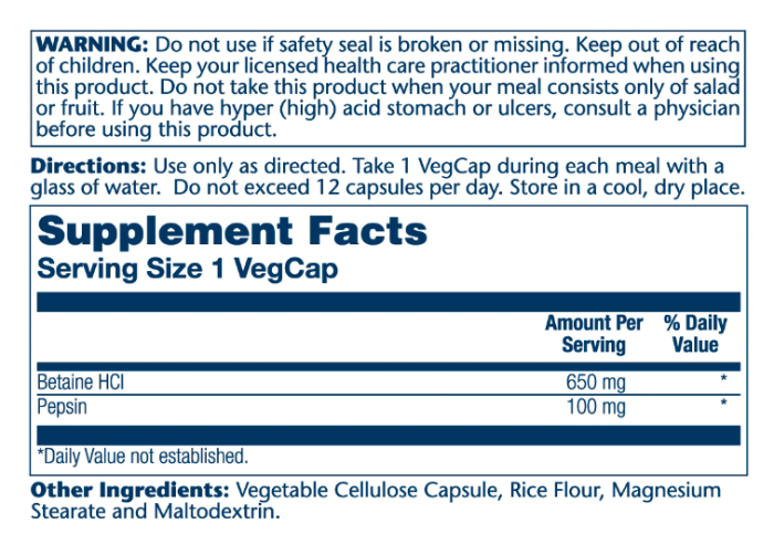 High Potency Betain HCl with Pepsin 650mg - 100 vcaps