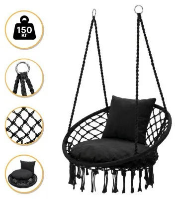 Подвесное плетеное кресло-качалка LEOBRO Boho Comfort XL 80 см Black (LB-1108)