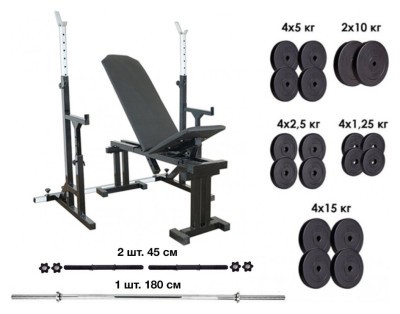 RN-Sport UM 0150. Скамейка для жима, стойки для приседаний + 115 кг блинов и 3 грифа.
