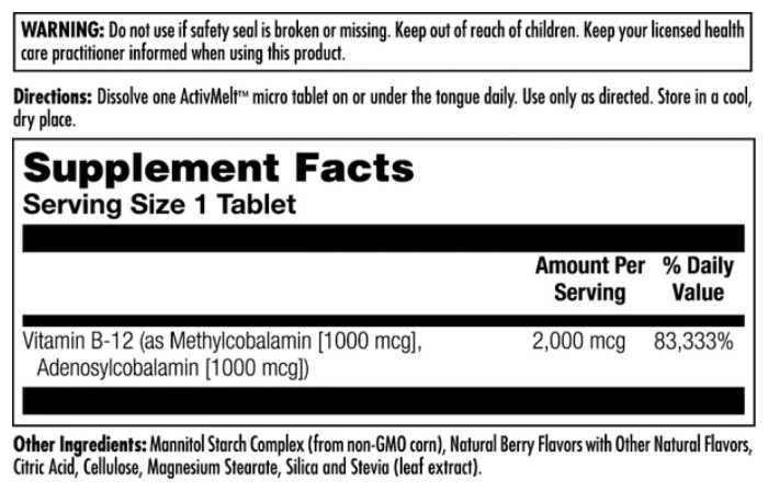 B-12 Methylcobalamin and Adenosylcobalamin 2000mcg - 60 tabs