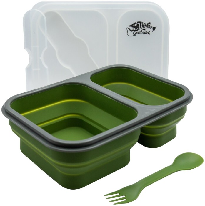 Контейнер TRAMP складаний силіконовий 2 відділи з кришкою защіпкою 900мл  (з ложкою-виделкою) , Оливковий, укр, укр