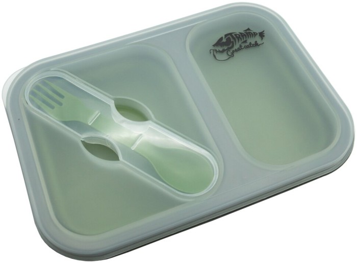 Контейнер TRAMP складной силиконовый 2 отдела с крышкой защелкой 900мл (с ложкой-выделкой) , Оливковый
