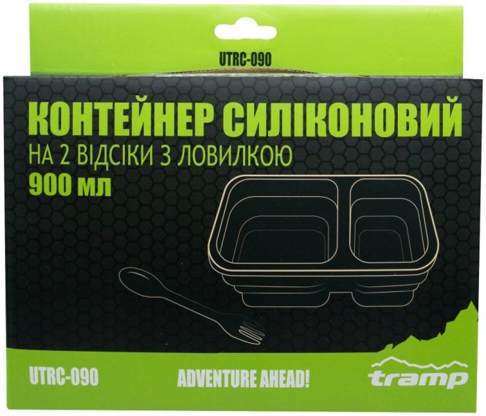 Контейнер TRAMP складаний силіконовий 2 відділи з кришкою защіпкою 900мл  (з ложкою-виделкою) , Оливковий, укр, укр