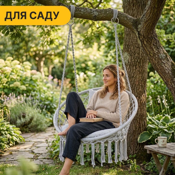 Подвесное плетеное кресло-качалка LEOBRO Boho Comfort XL 80 см Grey (LB-1110)