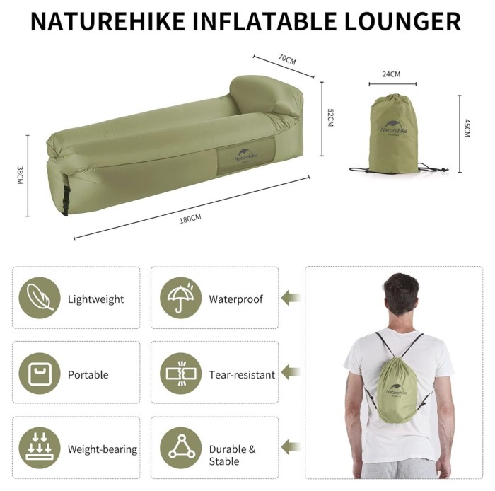 Матрас надувной ламзак Naturehike NH20FCD06, 180х70х52 см, оливковый, имеет чехол-рюкзак.