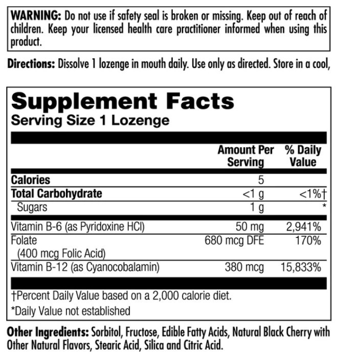 B-6 B-12 Folic Acid - 60 tabs Black Cherry
