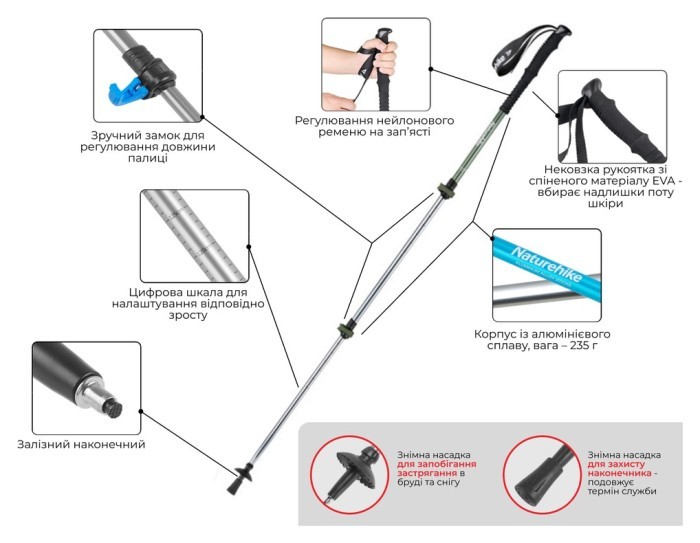 Трекинговая палка 3-сек. Naturehike Men ST 01 6061 AL NH17D001-Z, алюминий, черная
