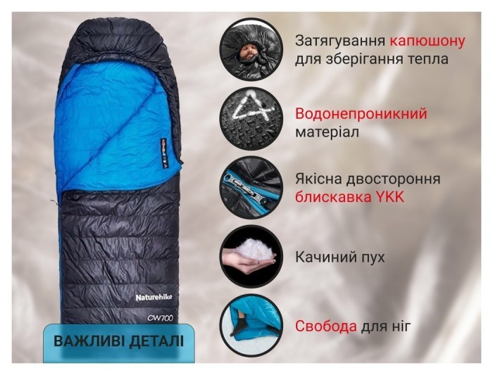 Спальник з натуральним пухом Naturehike CW700 CNK2450WS048, p-р L, жовто-сірий, укр, укр