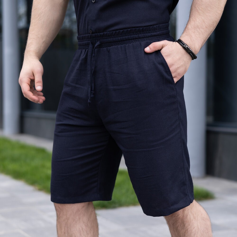 Шорти чоловічі льняні з кишенями темно-сині Pobedov Marsel