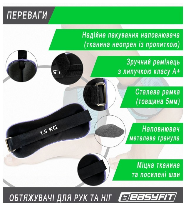 Утяжелители EasyFit Comfort 1,5 кг для ног и рук с металлом (пара)