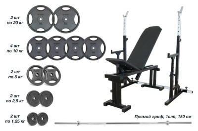 Магазин 090 + Стойки со страховочными упорами UM 0150 + Металлическая штанга RN-Sport Quatro 105 кг