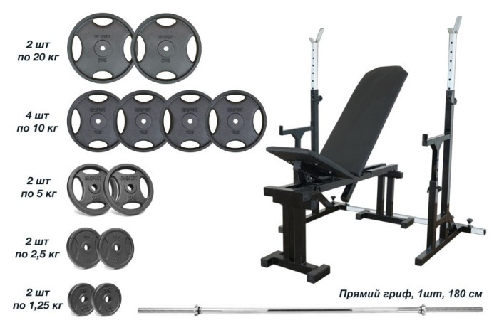 Магазин 090 + Стойки со страховочными упорами UM 0150 + Металлическая штанга RN-Sport Quatro 105 кг