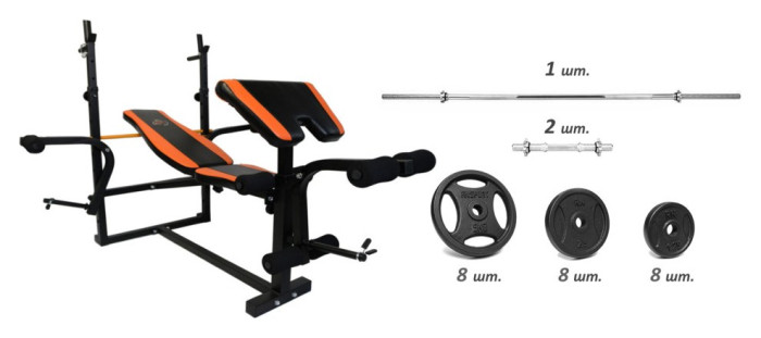 Лава для жиму з тягою + Штанга RN Steel 50 кг + Металеві гантелі по 16 кг