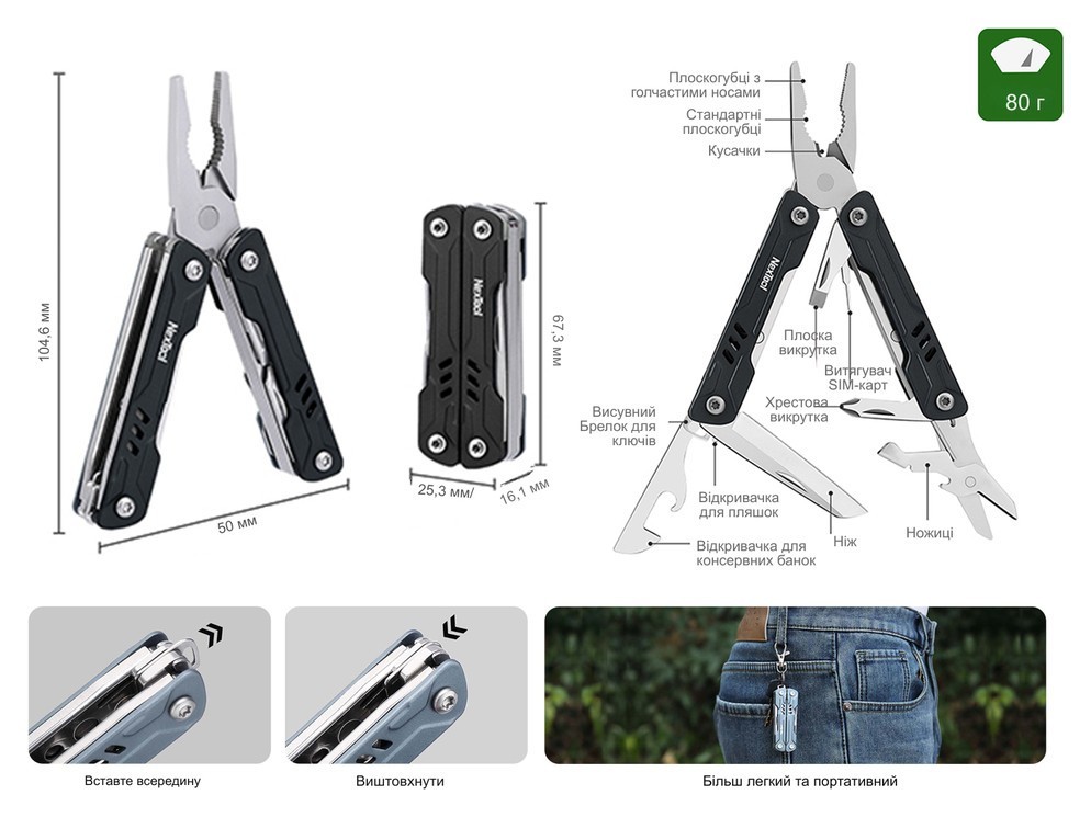 Мультитул NexTool Mini Sailor Pliers S11 чорний, укр, укр