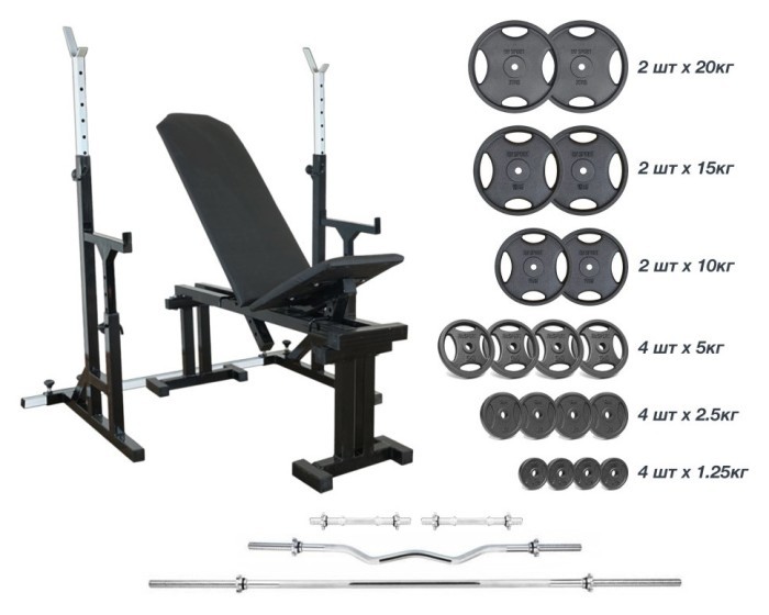 Крамниця 090 + Стійки зі страхувальними упорами UM 0150 + 125 кг дисків + 4 грифи RN-Sport, укр, укр