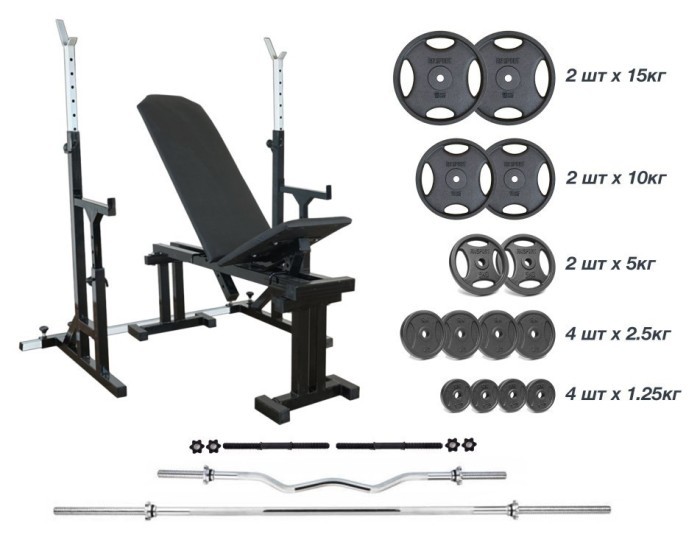 Магазин 090 + Стойки со страховочными упорами UM 0150 Штанга + металлическая 83 кг, гриф W, гантели RN-Sport