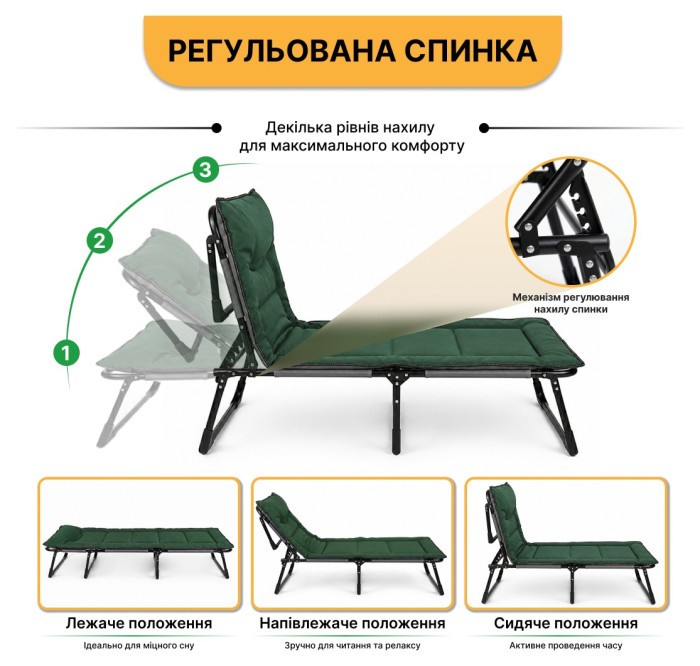 Розкладне ліжко (розкладачка) з вбудованим матрацом LEOBRO Khaki (LB-FB-S1-KHA), укр, укр