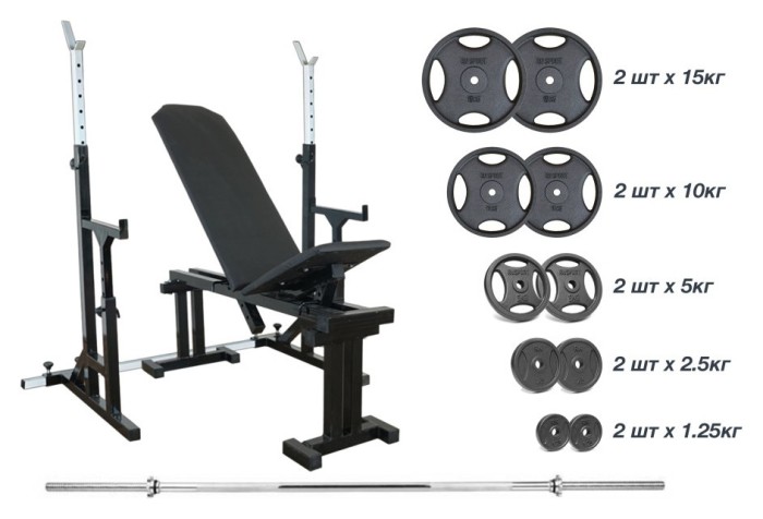 Магазин 090 + Стойки со страховочными упорами UM 0150 + штанга с металлическими дисками 75 кг RN-Sport