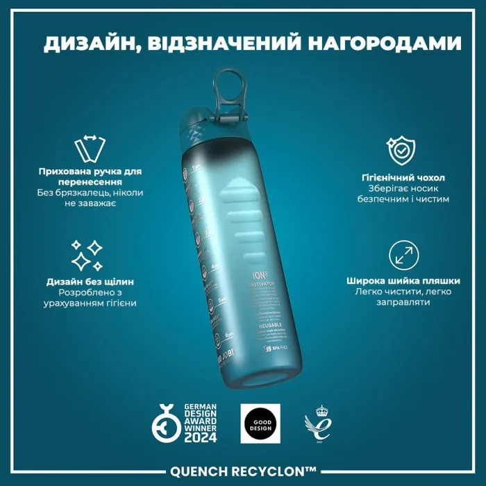 Бульба для води ION8 1000 мл. BPA Free, Times To Drink, (ЕКО пляшка) BPA Free, Teal & Blue