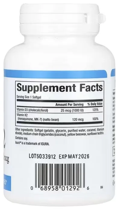 Vitamin D3 & K2 25 mcg (1000 IU) & 120 mcg - 60 softgels