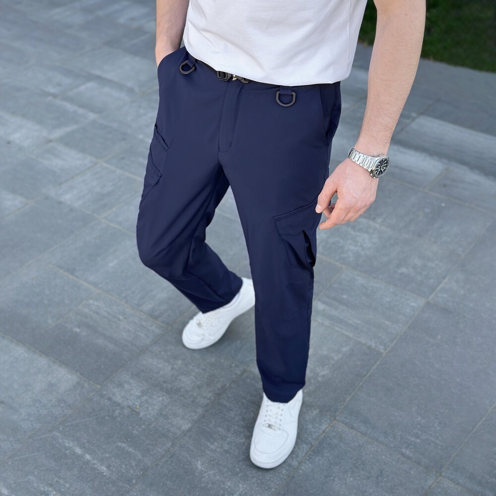 Штани карго чоловічі весняні з кишенями темно-сині Pobedov Tactical Soft