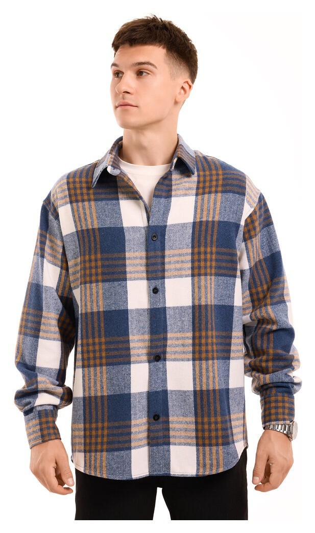Тепла чоловіча сорочка в клітинку Pobedov Tartan. Сорочка осіння синя, укр, укр