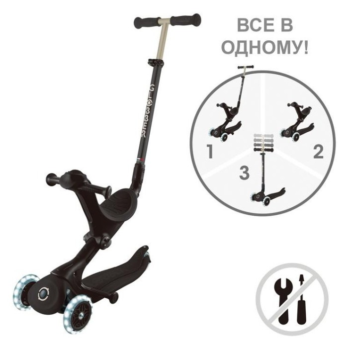Самокат GLOBBER серії GO UP DELUXE LIGHTS 5в1 чорний, колеса з підсвіткою 20/50кг, укр, укр