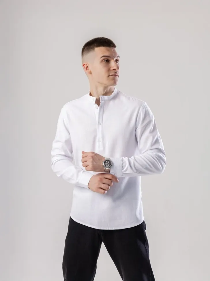 Лляна сорочка з довгим рукавом casual Pobedov Exlnt. Біла сорочка чоловіча (XL)