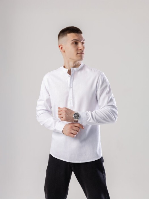 Льняная рубашка с длинным рукавом casual Pobedov Exlnt. Белая рубашка мужская