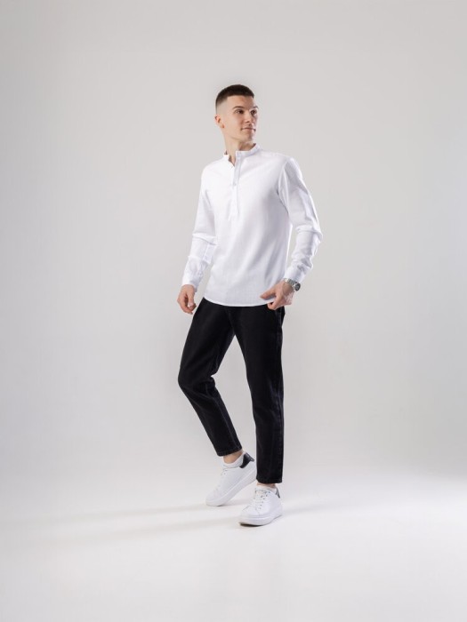 Льняная рубашка с длинным рукавом casual Pobedov Exlnt. Белая рубашка мужская