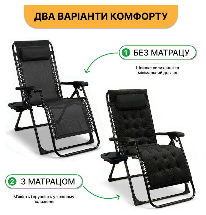 Розкладний посилений шезлонг до 150 кг LEOBRO Zero Gravity Premium Plus Black з велюровим матрацом (LB-ZGC-K3-BLK)