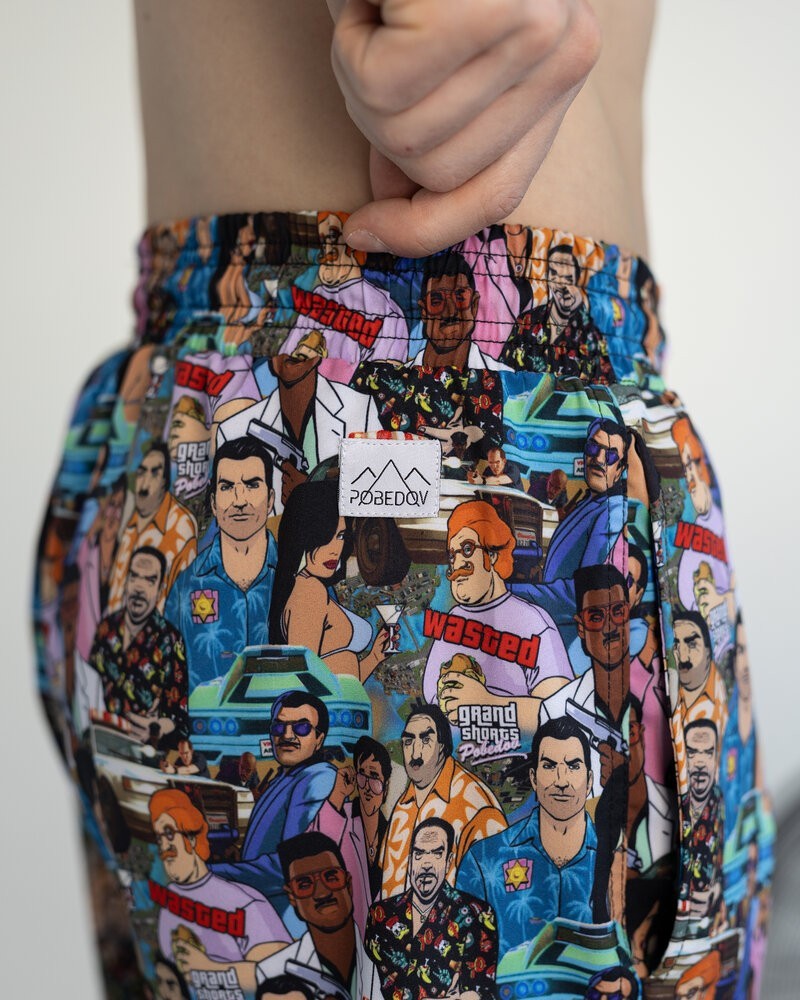 Чоловічі пляжні шорти із принтом блакитні Pobedov Vocation GTA, укр, укр