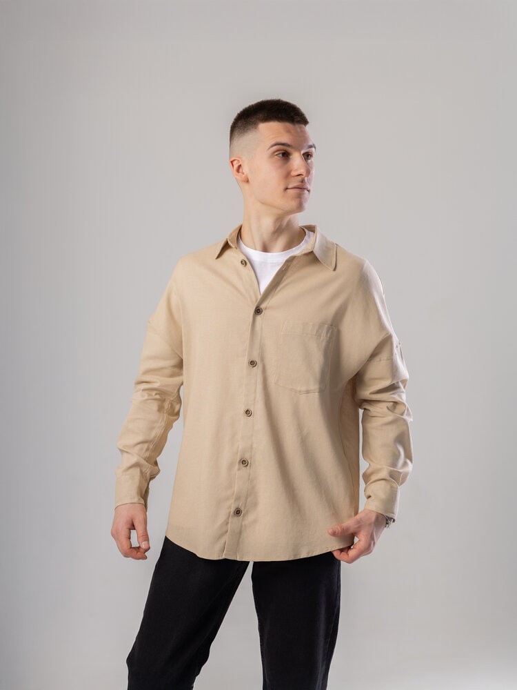 Темно-бежева лляна сорочка для чоловіків із довгим рукавом Pobedov Founder