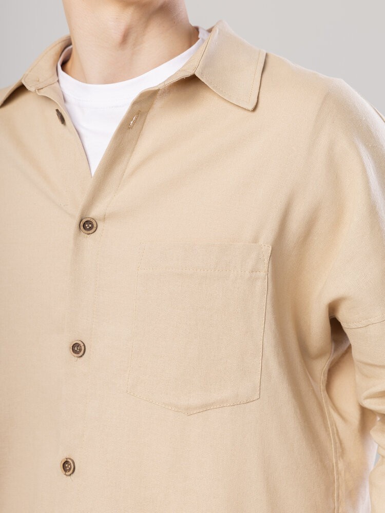 Темно-бежевая льняная рубашка для мужчин с длинным рукавом Pobedov Founder