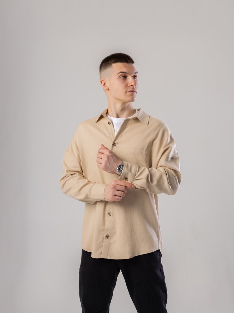 Темно-бежевая льняная рубашка для мужчин с длинным рукавом Pobedov Founder