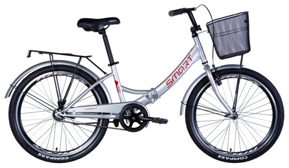 Велосипед ST 24" Formula SMART тормозная рама- " с багажником задн. St с корзиной Pl с крылом St 2024 (серебристый)