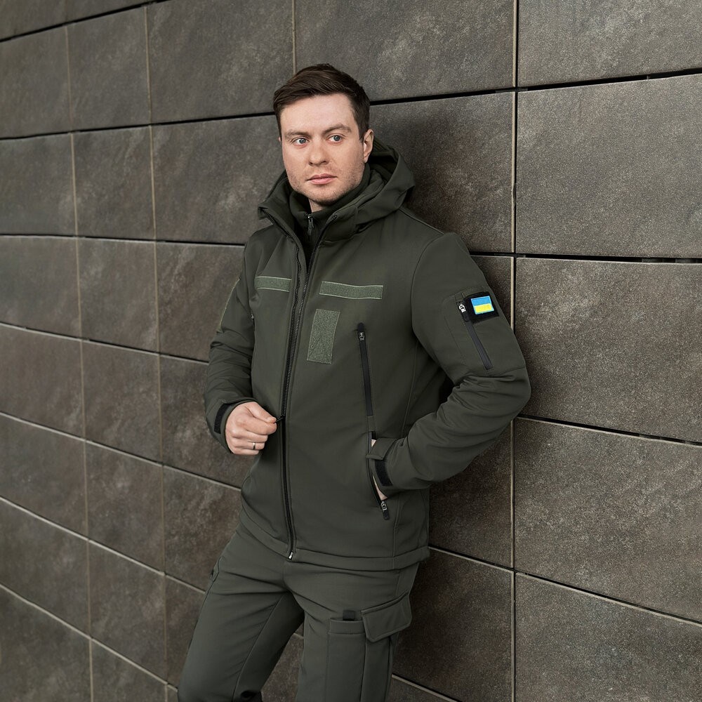 Чоловіча хакі куртка софтшелл демісезонна Pobedov Motive із липучками, укр, укр