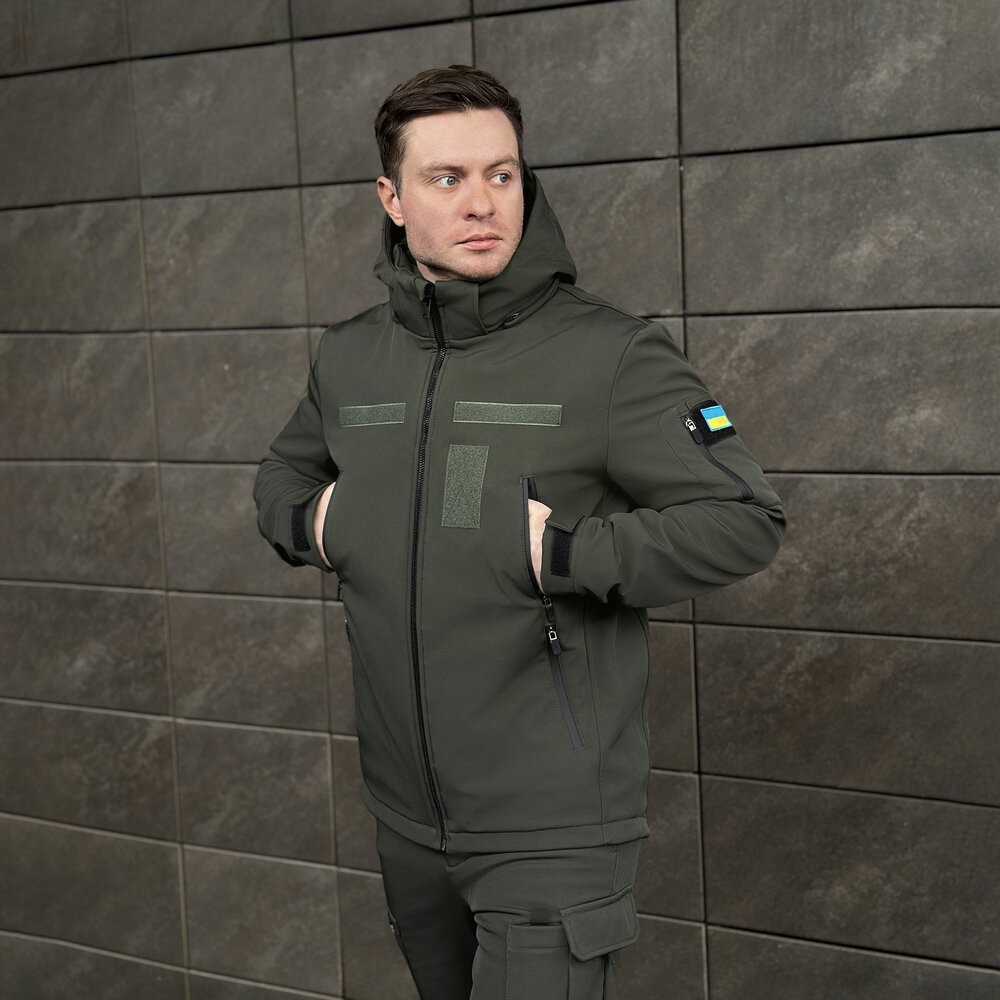 Чоловіча хакі куртка софтшелл демісезонна Pobedov Motive із липучками, укр, укр