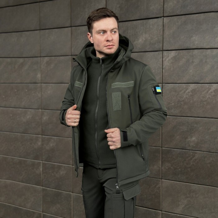 Чоловіча хакі куртка софтшелл демісезонна Pobedov Motive із липучками, укр, укр