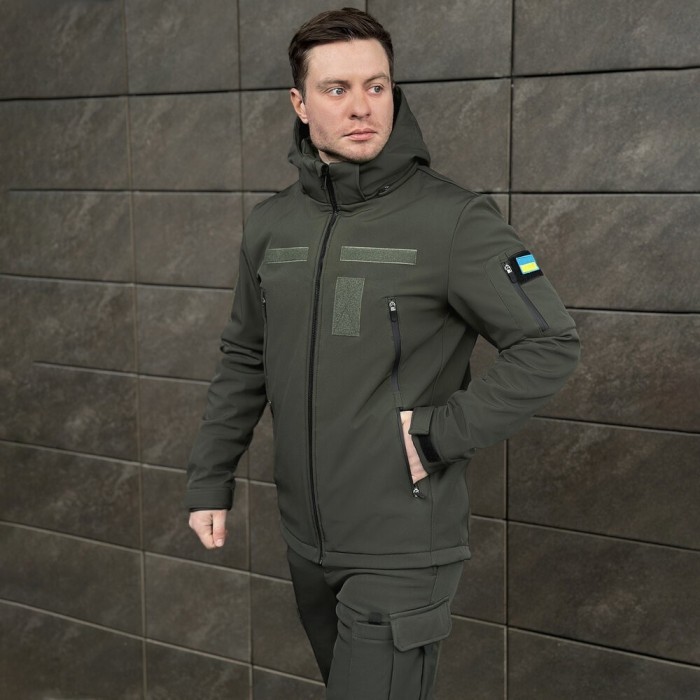 Чоловіча хакі куртка софтшелл демісезонна Pobedov Motive із липучками, укр, укр