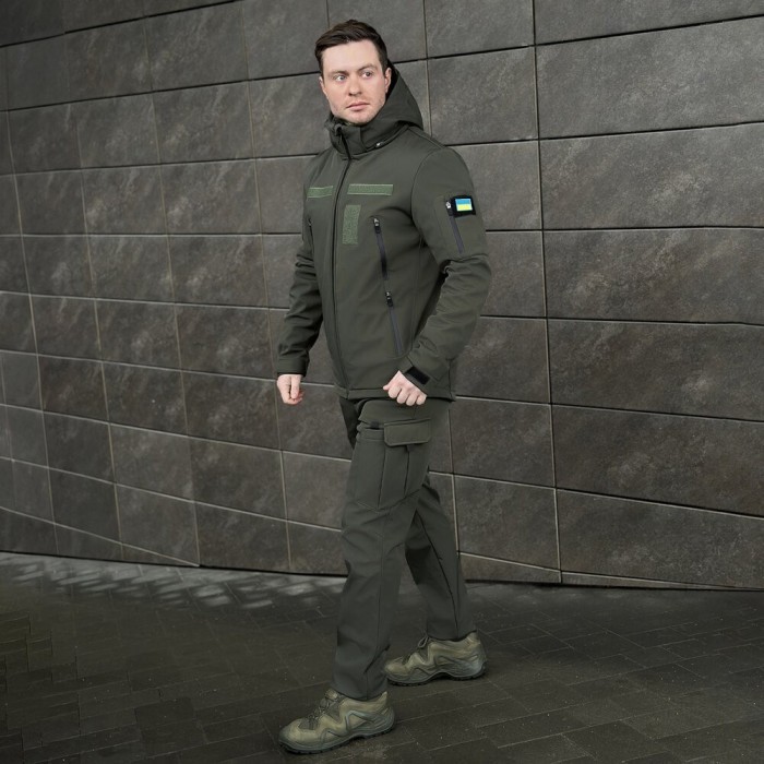 Чоловіча хакі куртка софтшелл демісезонна Pobedov Motive із липучками, укр, укр