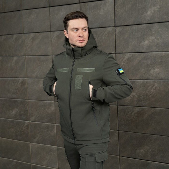 Чоловіча хакі куртка софтшелл демісезонна Pobedov Motive із липучками, укр, укр