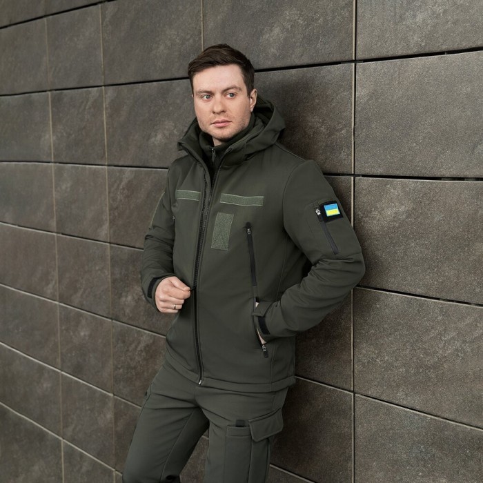 Чоловіча хакі куртка софтшелл демісезонна Pobedov Motive із липучками, укр, укр