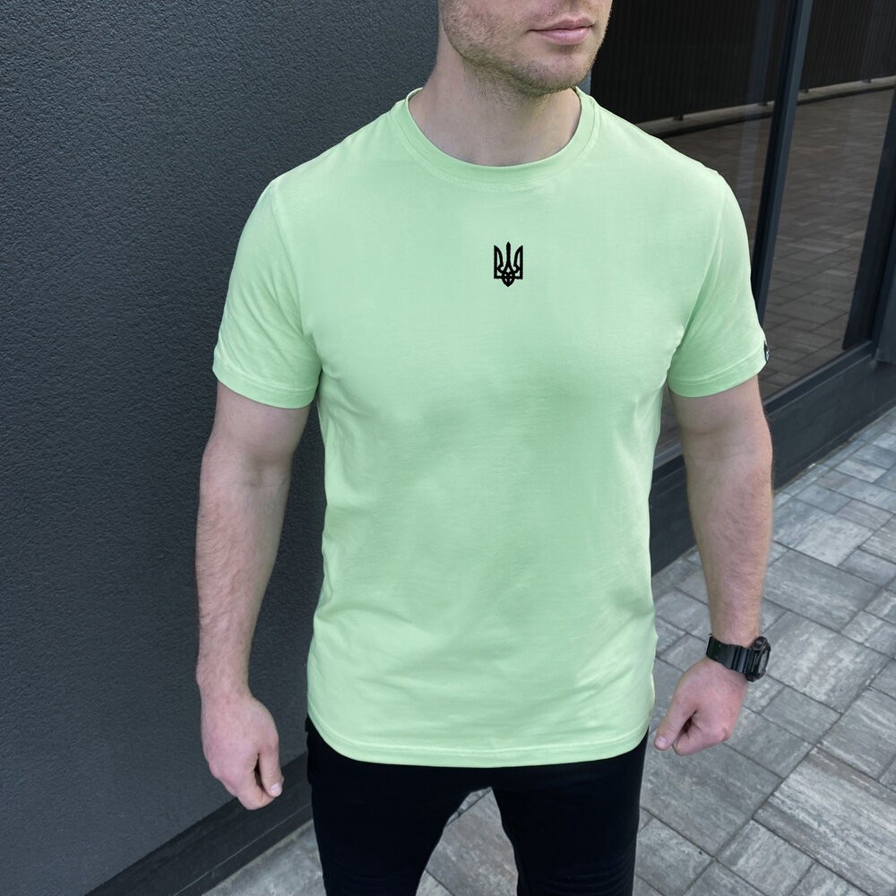 Футболка чоловіча однотонна світла зелена Pobedov Peremoga - Герб чорна вишивка, укр, укр