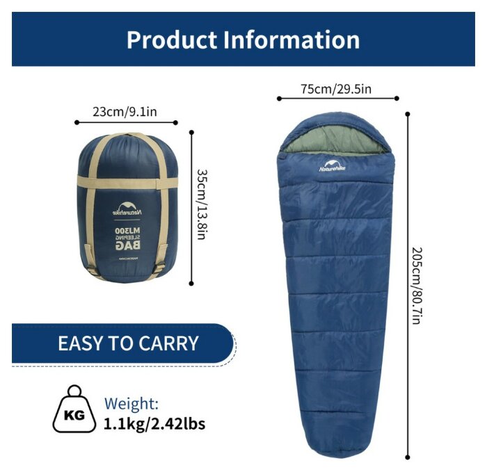 Спальник с капюшоном Naturehike MJ300 CNK2300SD014, темно-голубой