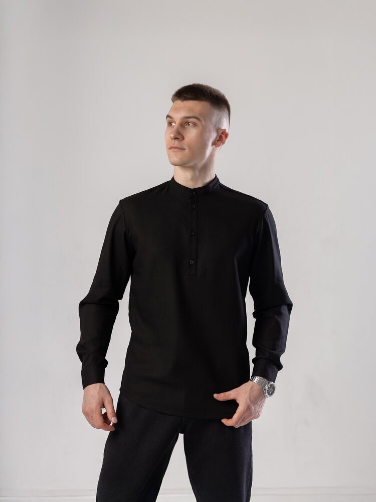Черная мужская рубашка из льна casual. Рубашка свободного кроя легкая черная Pobedov Exlnt
