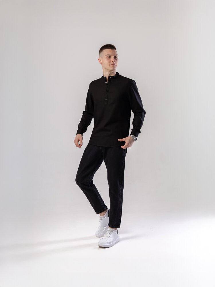 Черная мужская рубашка из льна casual. Рубашка свободного кроя легкая черная Pobedov Exlnt