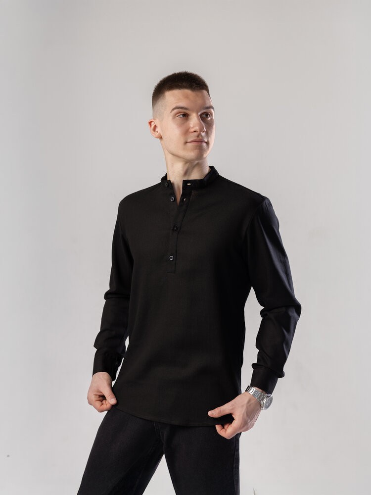 Черная мужская рубашка из льна casual. Рубашка свободного кроя легкая черная Pobedov Exlnt