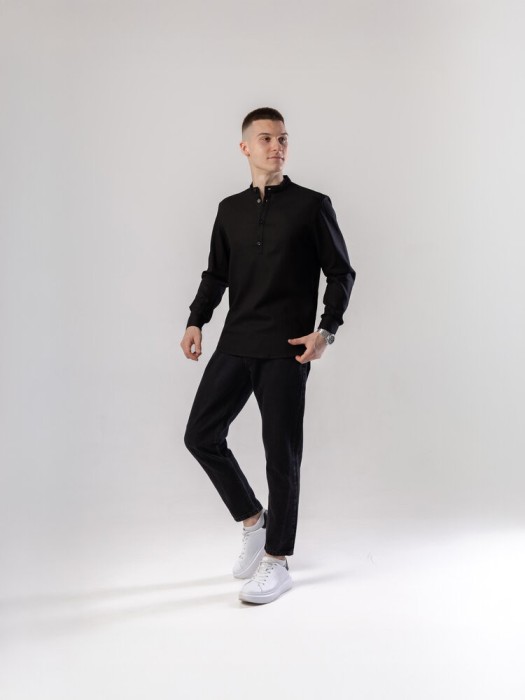 Черная мужская рубашка из льна casual. Рубашка свободного кроя легкая черная Pobedov Exlnt