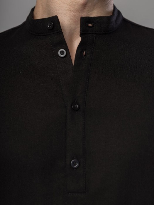 Черная мужская рубашка из льна casual. Рубашка свободного кроя легкая черная Pobedov Exlnt